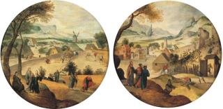 Abel Grimmer - August: An extensive landscape with Jesus telling the Parable of the Corn-pickers; and October: An extensive landscape with Jesus telling the Parable of the Grape Harvesters