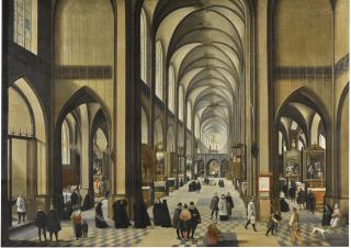 Abel Grimmer - Interior Of Antwerp Cathedral, With Figures Worshipping And Promenading