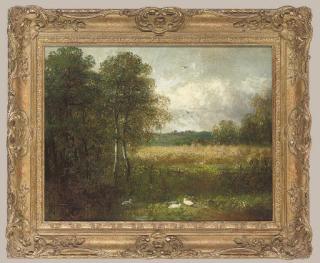 Abel Hold - Ducks by a pond with a village beyond