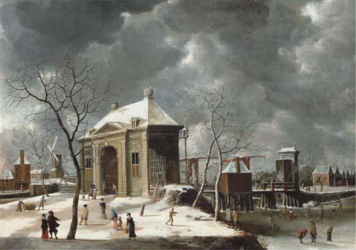 Abraham Beerstraaten - The Heiligewegspoort, from the north-west, with skaters on the frozen canal