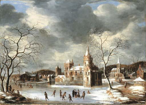 Abraham Beerstraten - A castle on a frozen lake with skaters