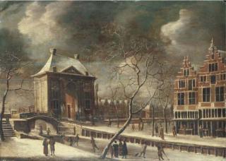 Abraham Beerstraten - The Heiligewegspoort, Amsterdam, From The North-East In Winter, With Skaters On The Frozen Canal
