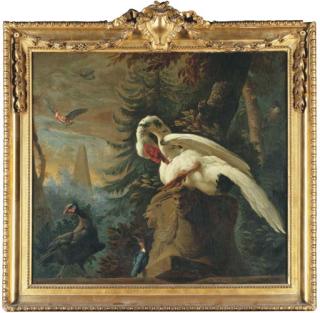 Abraham Bisschop - A Classical Wooded Landscape With A Muscovy Duck, A Guinea Fowl And A Kingfisher