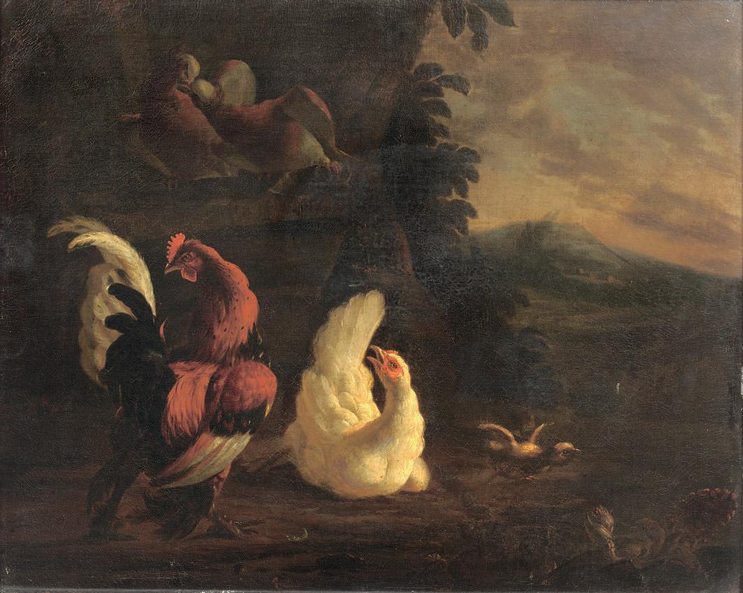 Abraham Bisschop - A cockerel and chickens in a landscape