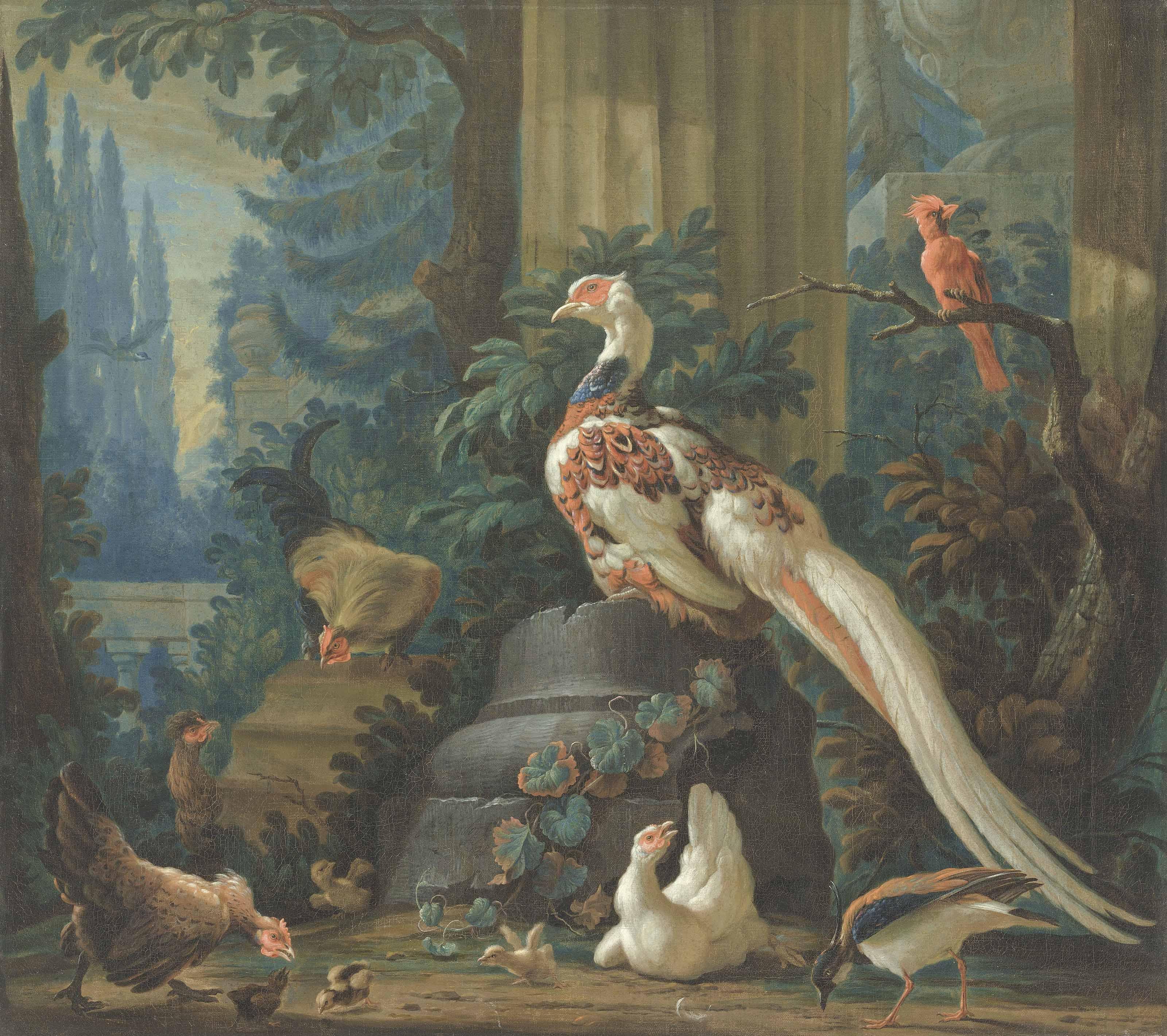 Abraham Bisschop - A silver pheasant and other exotic birds amongst classical ruins
