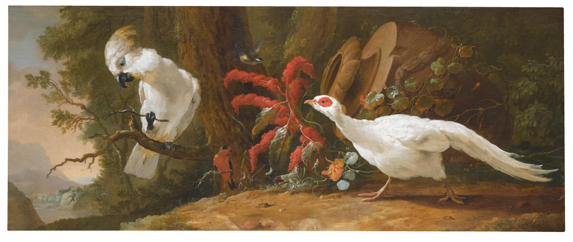 Abraham Bisschop - A Sulphur-Crested Cockatoo, A Red-Crested Cardinal And A White Pheasant In A Landscape With A Fallen Urn In The Background