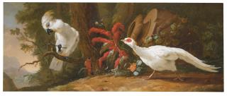 Abraham Bisschop - A Sulphur-Crested Cockatoo, A Red-Crested Cardinal And A White Pheasant In A Landscape With A Fallen Urn In The Background