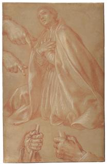Abraham Bloemaert - A kneeling saint with studies of hands holding a stick
