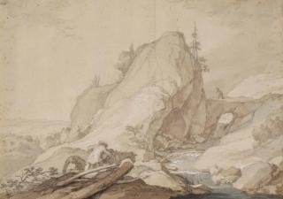 Abraham Bloemaert - A mountainous landscape with a waterfall