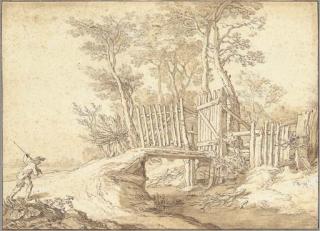 Abraham Bloemaert - A peasant approaching a bridge over a stream, a wood beyond