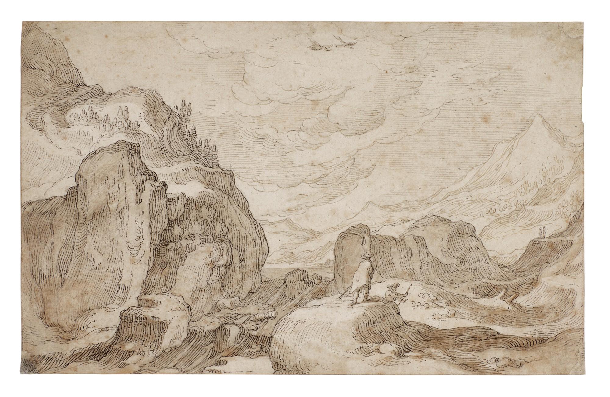 Abraham Bloemaert - A rocky, mountainous region with a cascading river with two figures