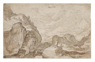 Abraham Bloemaert - A rocky, mountainous region with a cascading river with two figures