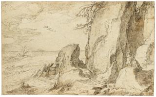 Abraham Bloemaert - A rugged coastal landscape with two figures