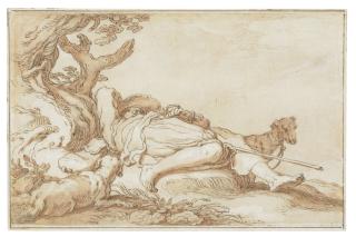 Abraham Bloemaert - A sportsman resting under a tree with two dogs