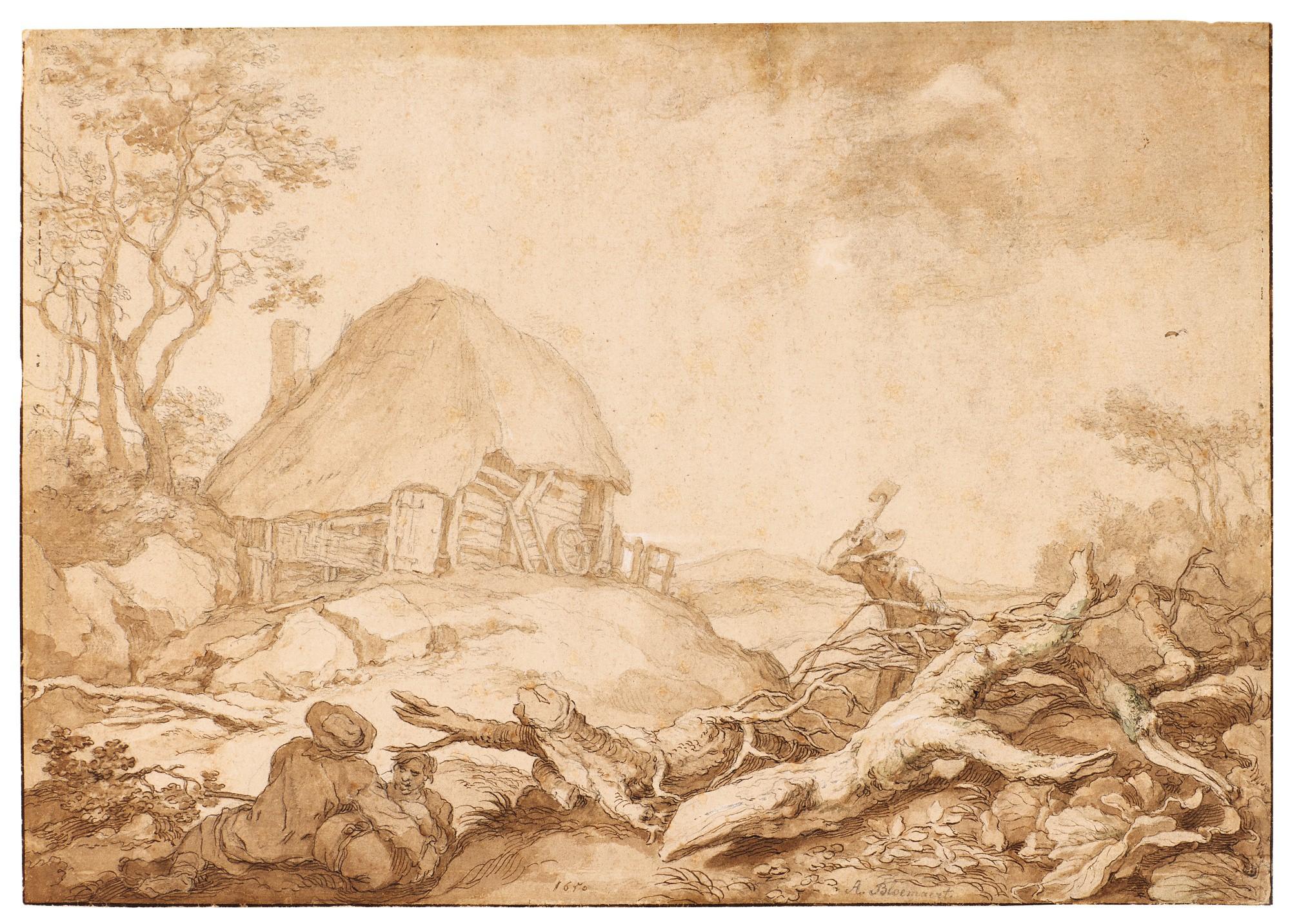 Abraham Bloemaert - A Thatched Shed In A Hilly Region: A Woodcutter And Resting Peasants In The Foreground