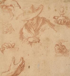 Abraham Bloemaert - Feuille d’étude : personnage au chapeau et mains dans différentes positions tenant une coupe