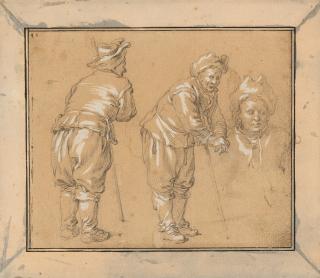 Abraham Bloemaert - Studie von zwei Männern, die sich auf einen Stock stützen, und Brustbild eines Mannes mit Hut