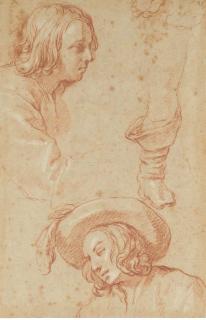 Abraham Bloemaert - Studies of a boy, half-length, in profile to the right, and the same in a plumed hat looking down to the left, and a study of a right leg