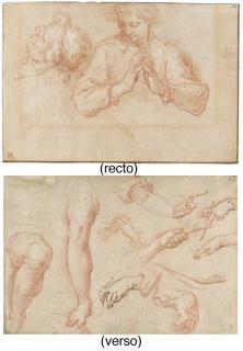 Abraham Bloemaert - The Virgin, half-length, her hands clasped in prayer, and the head of sleeping man (recto); Seven studies of hands and two studies of a right leg (verso)