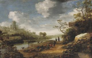 Abraham Blommaert - A rocky river landscape with travellers on a path, a ruined fortress beyond