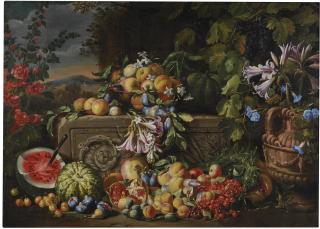 Abraham Brueghel - A Still Life Of A Watermelon, Cherries, Peaches, Apricots, Plums, Pomegranates And Figs, With Lilies, Roses, Morning Glory And Other Flowers On An Acanthus Stone Relief