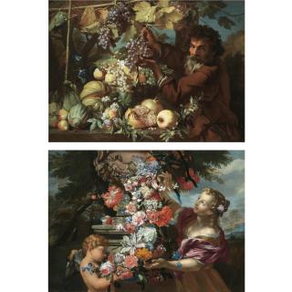 Abraham Brueghel - A Still Life With A Girl And Putto Adorning A Sculpted Urn With A Garland Of Flowers (Spring); A Still Life Of Pomegranates, Melons, Pears, Plums And Morning Glory, With A Gardener Picking Grapes From A Vine (Autumn)