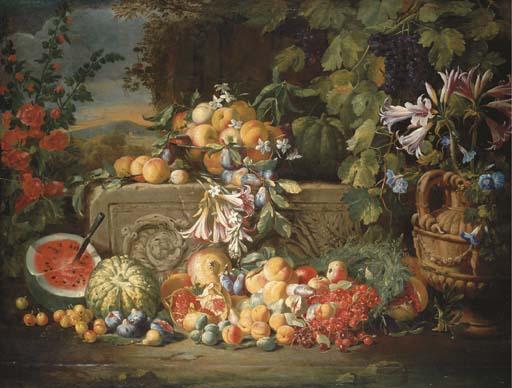 Abraham Brueghel - A watermelon, cherries, peaches, apricots, plums, pomegranate and figs with lilies, roses, morning glory and other flowers on an acanthus stone relief, a mountainous landscape beyond