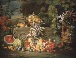 Abraham Brueghel - A watermelon, cherries, peaches, apricots, plums, pomegranate and figs with lilies, roses, morning glory and other flowers on an acanthus stone relief, a mountainous landscape beyond