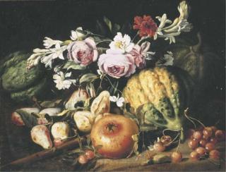 Abraham Brueghel - Melons, figs, cherries, a pomegranate and mixed flowers in a clearing