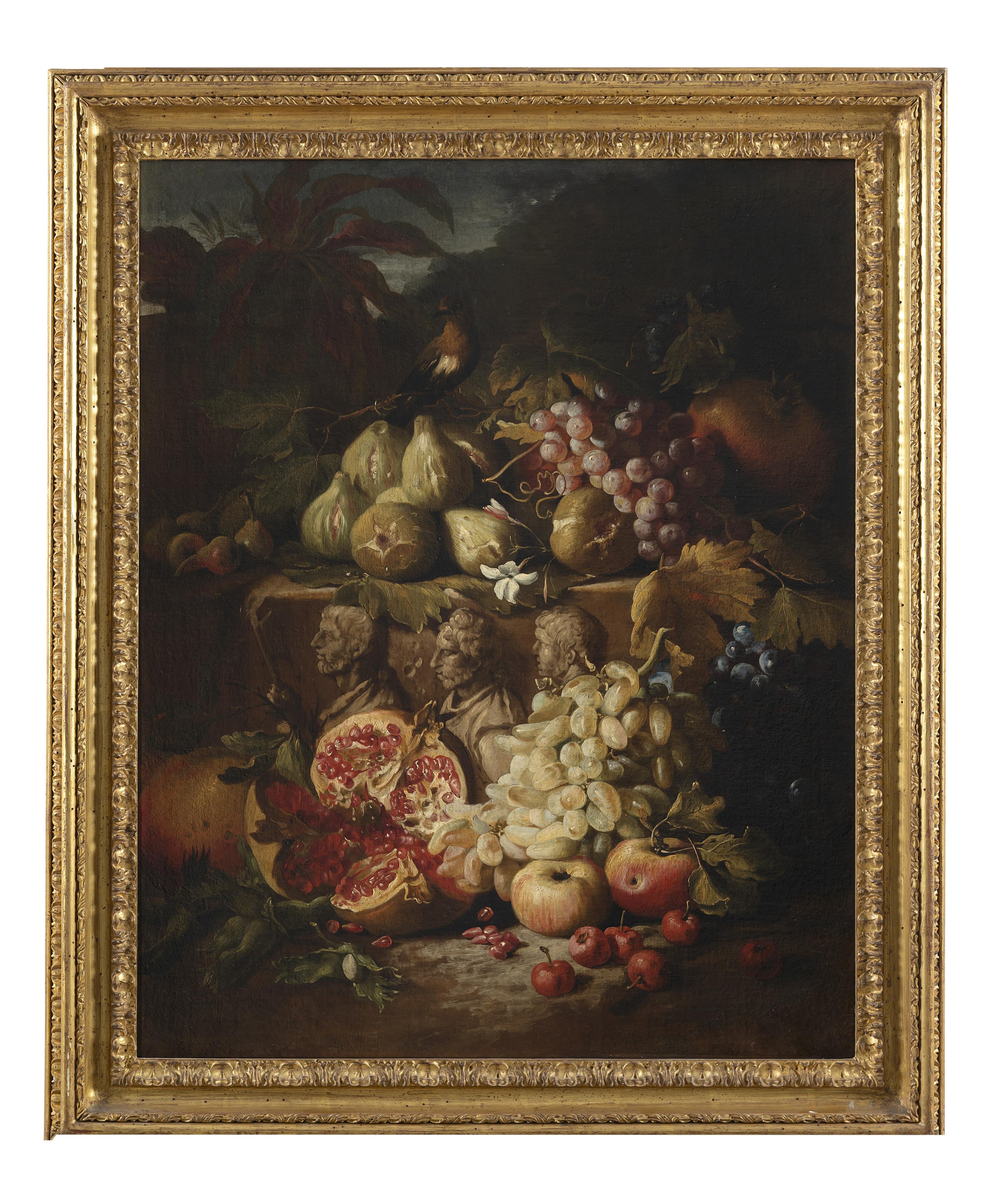Abraham Brueghel - Natura morta con fichi, uva, melograno, mele, ciliegie e rilievo marmoreo
