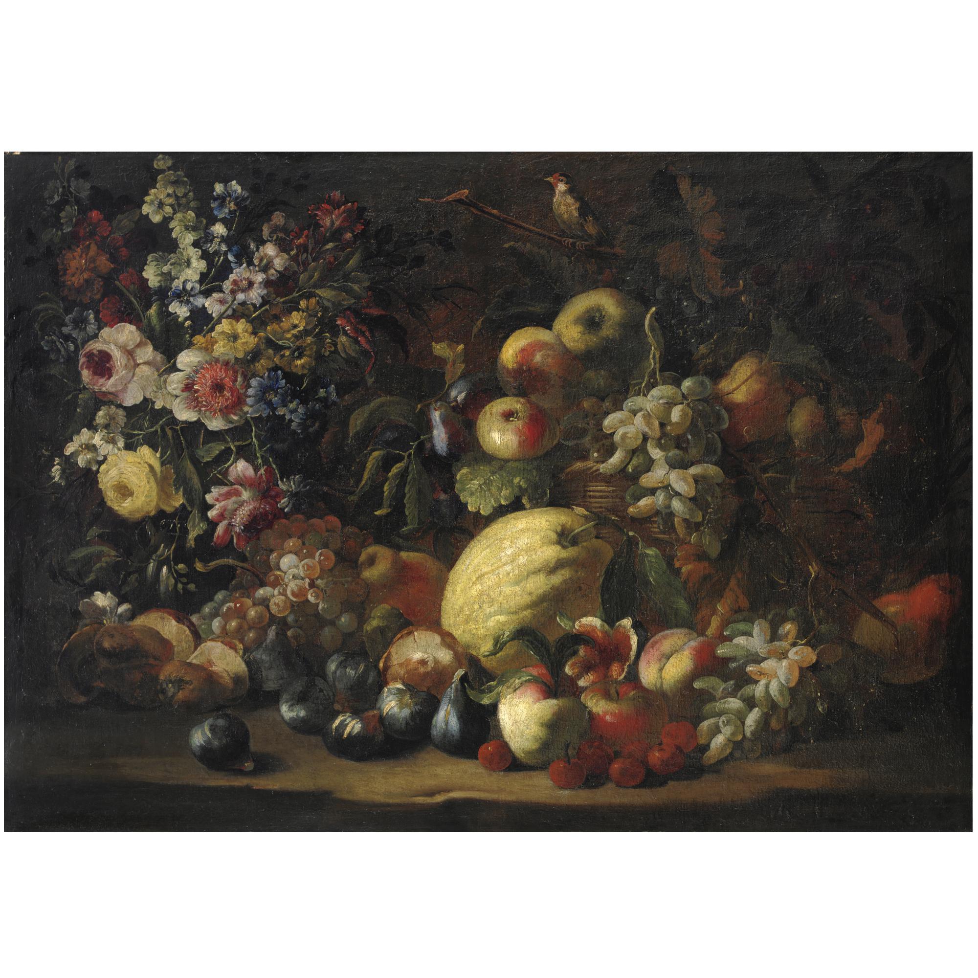 Abraham Brueghel - Natura Morta Di Frutta Con Vaso Di Fiori E Un Uccellino