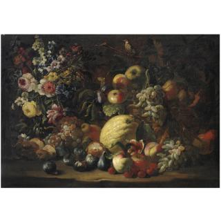 Abraham Brueghel - Natura Morta Di Frutta Con Vaso Di Fiori E Un Uccellino