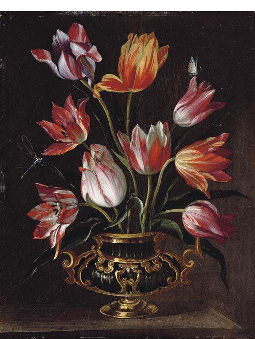 Abraham Brueghel - Parrot tulips in an urn with a dragonfly and a butterfly on a stone ledge