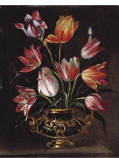 Abraham Brueghel - Parrot tulips in an urn with a dragonfly and a butterfly on a stone ledge