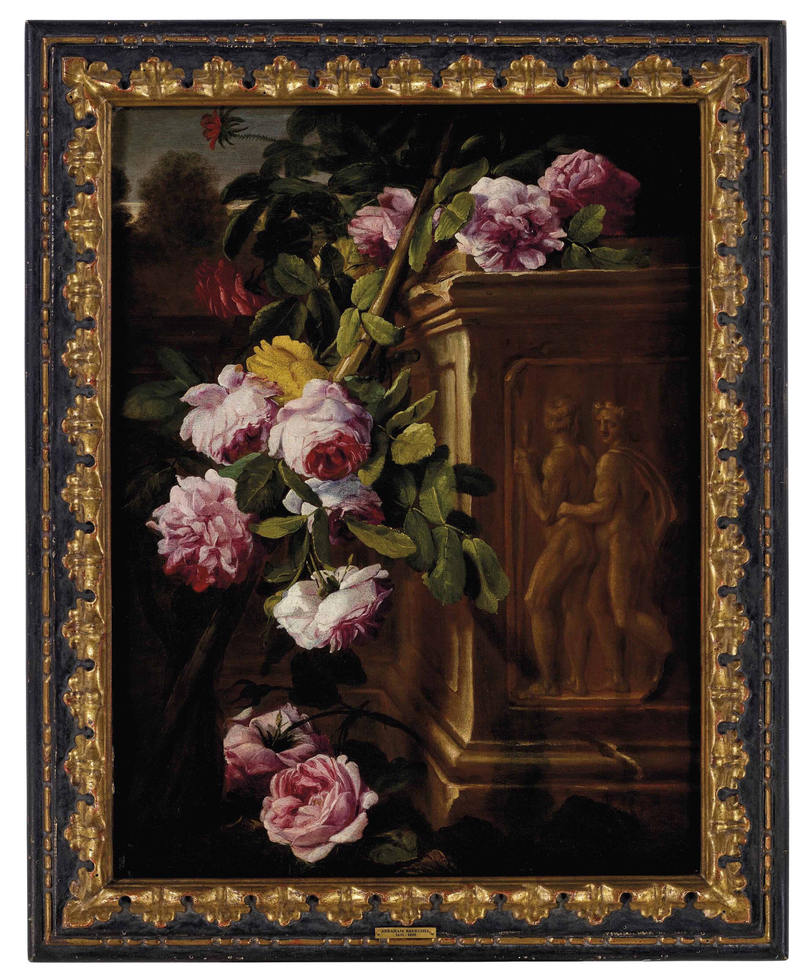 Abraham Brueghel - Roses In A Garden With A Sculpted Plinth