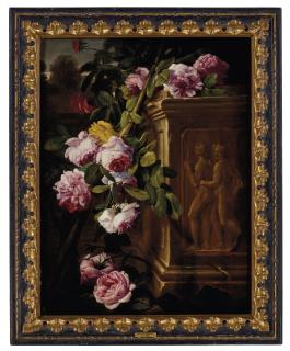 Abraham Brueghel - Roses In A Garden With A Sculpted Plinth
