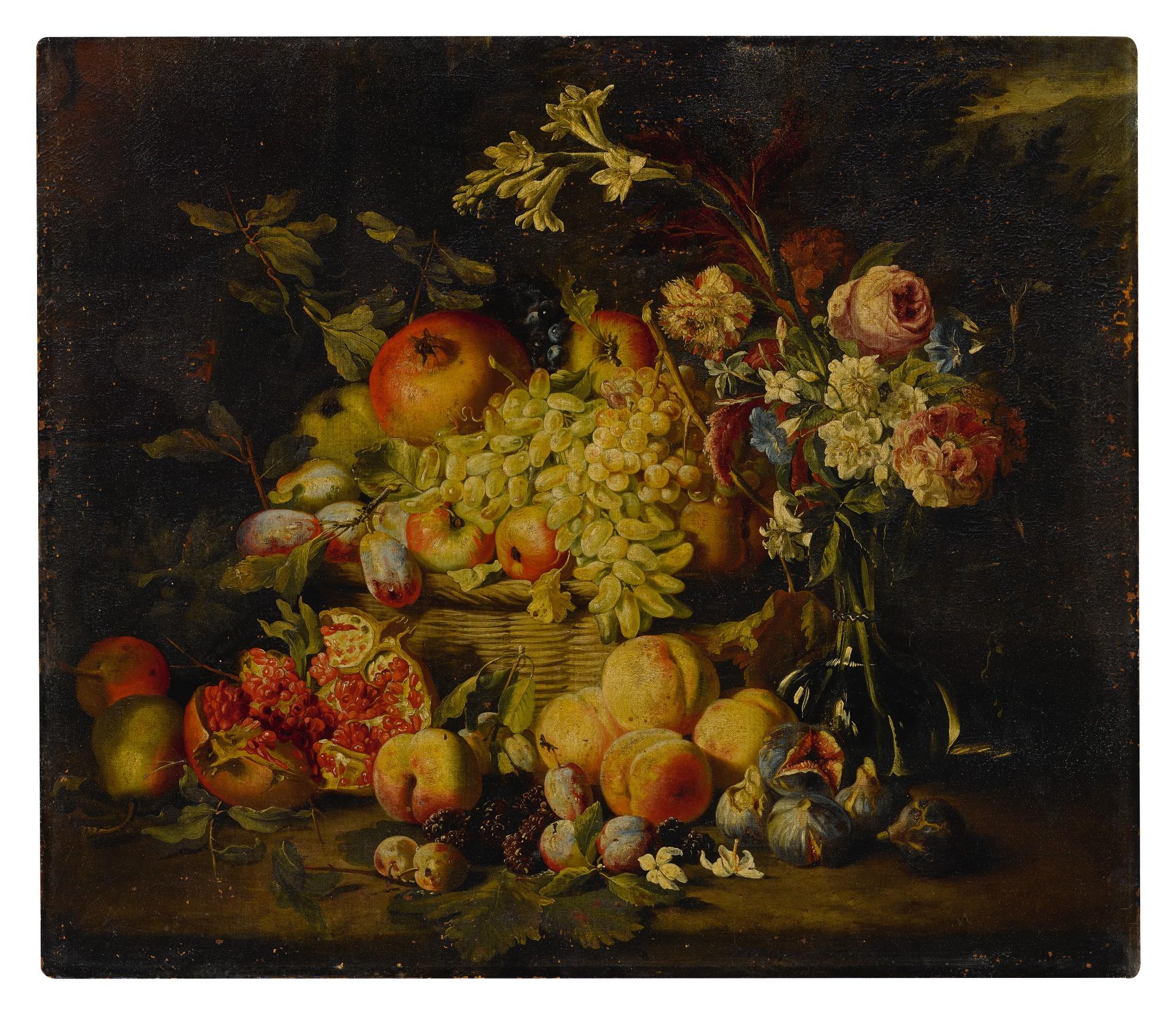 Abraham Brueghel - Still life of flowers and fruits, including pomegranates, peaches, and grapes