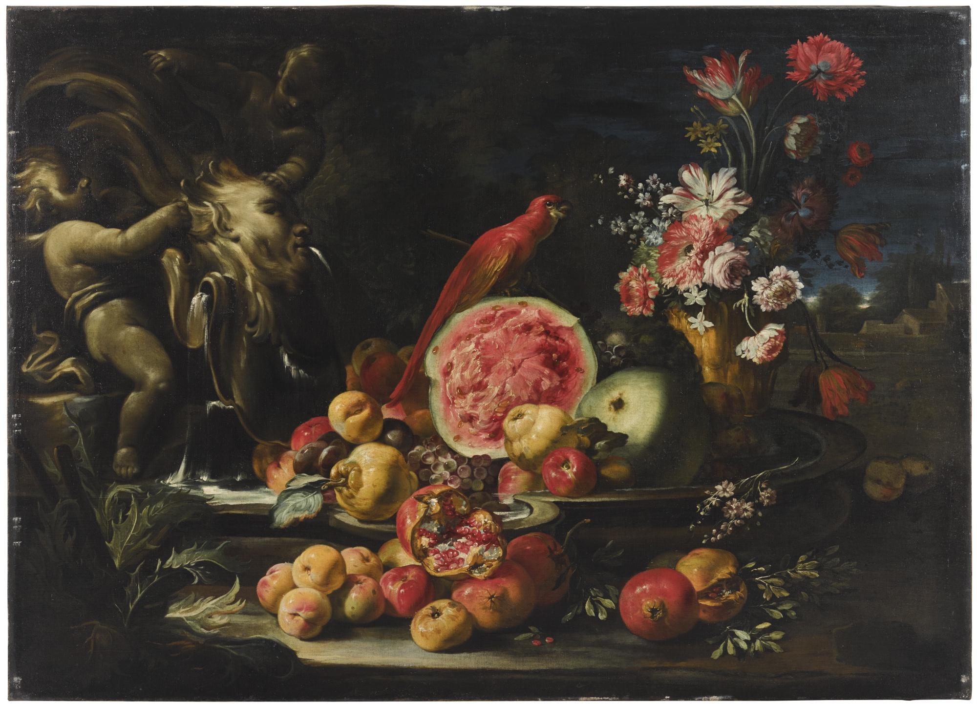 Abraham Brueghel - Still Life With A Red Parrot And Fruit