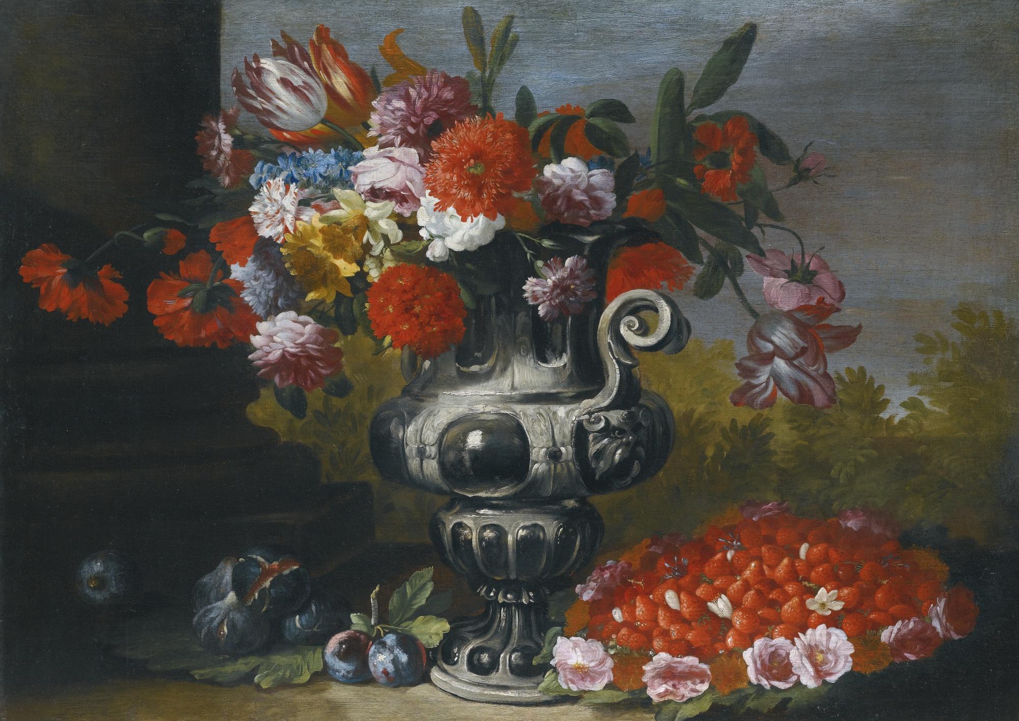 Abraham Brueghel - Still Life With Tulips, Carnations, Daffodils And Other Flowers In A Metallic Urn On A Stone Ledge, With Figs, Plums And A Bowl Of Strawberries Below