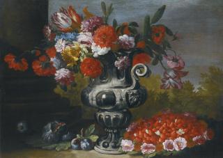 Abraham Brueghel - Still Life With Tulips, Carnations, Daffodils And Other Flowers In A Metallic Urn On A Stone Ledge, With Figs, Plums And A Bowl Of Strawberries Below