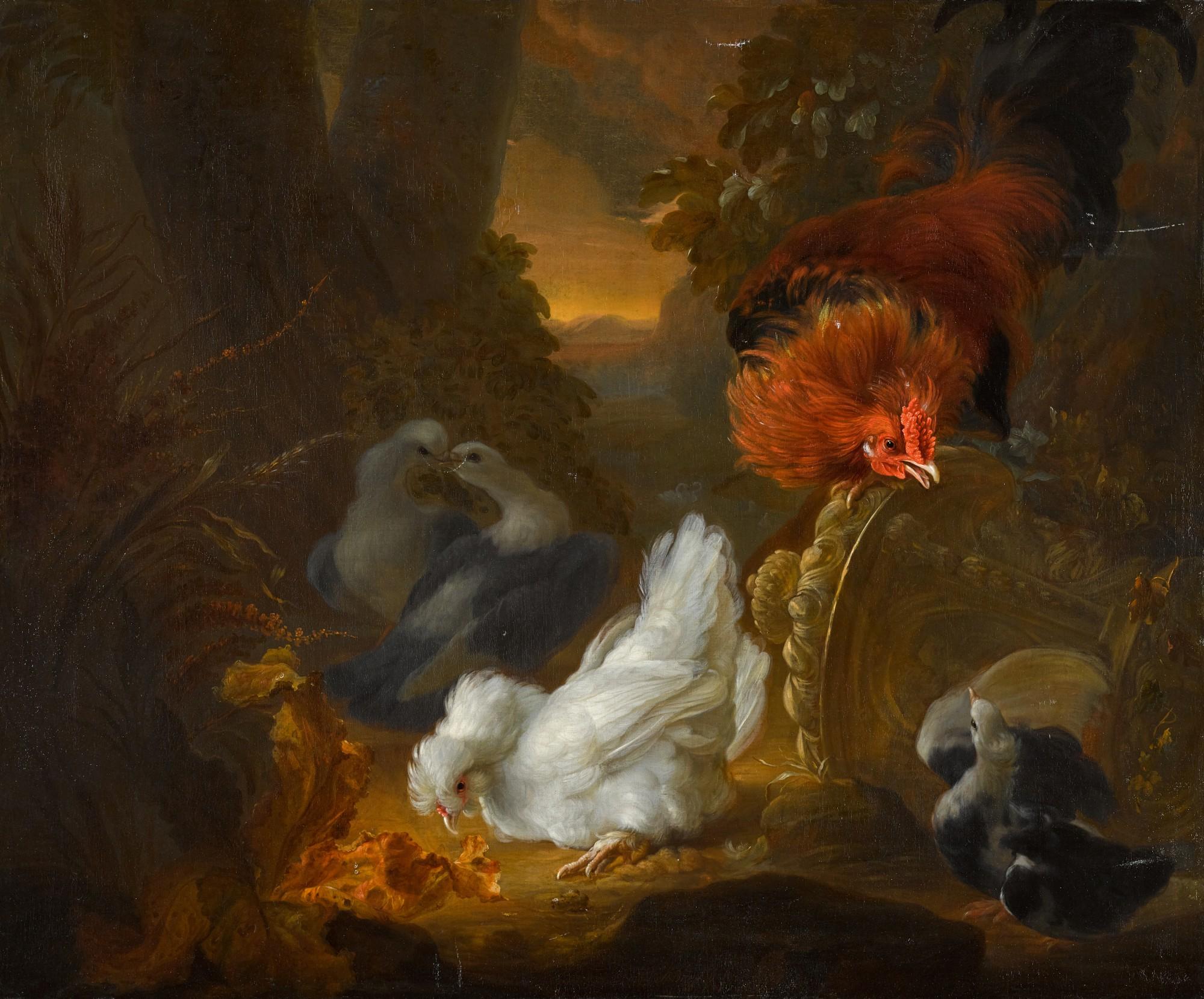 Abraham Busschop - A Hen, Cockerel And Pigeons In A Wooded Landscape