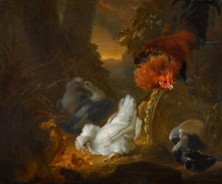 Abraham Busschop - A Hen, Cockerel And Pigeons In A Wooded Landscape