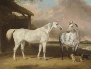 Abraham Cooper, R.A. - Hunters And Terriers By A Barn, In A River Landscape