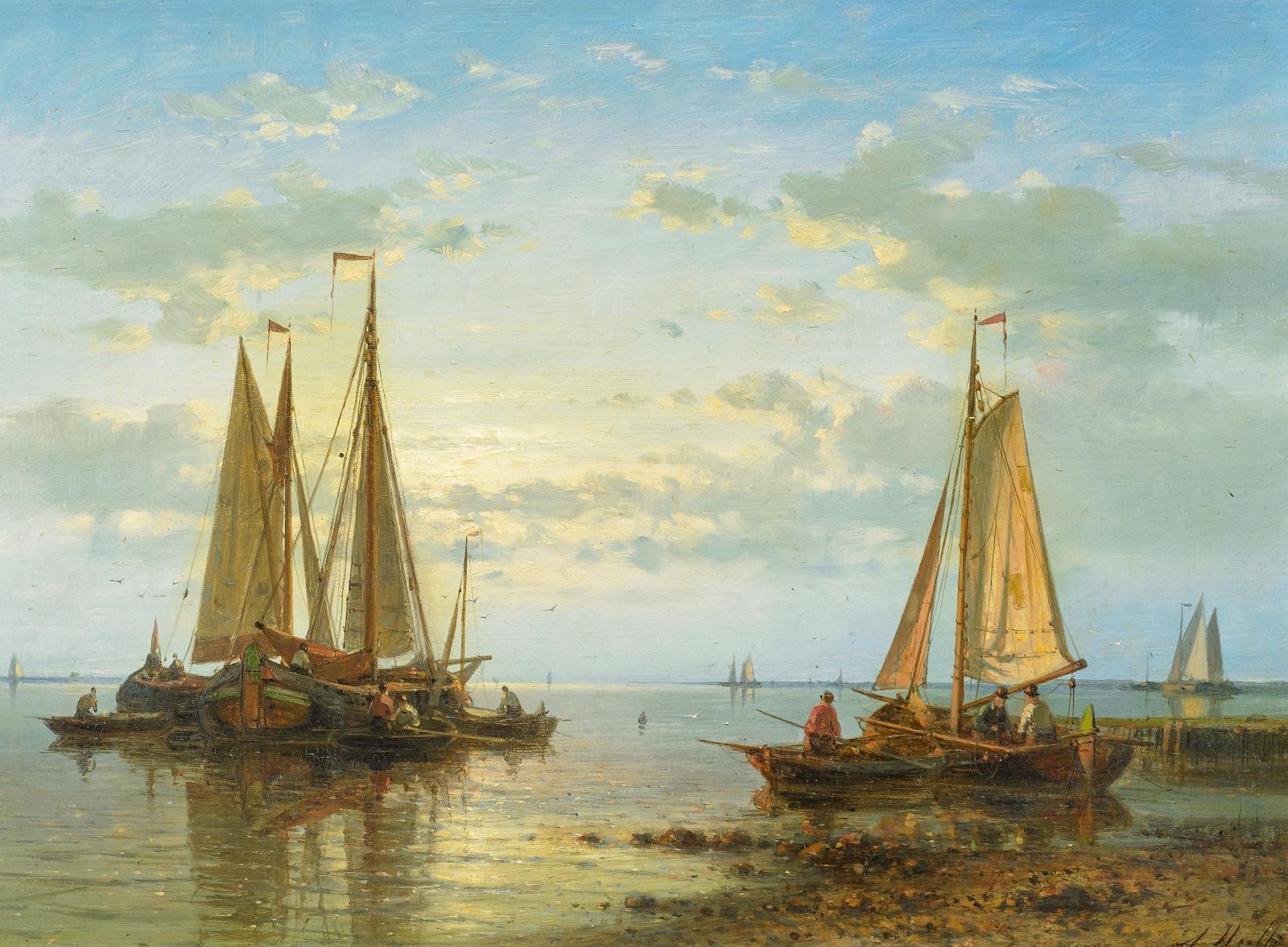 Abraham d.Ä. Hulk - Abendstimmung an der Küste mit Fischern und ihren Booten.