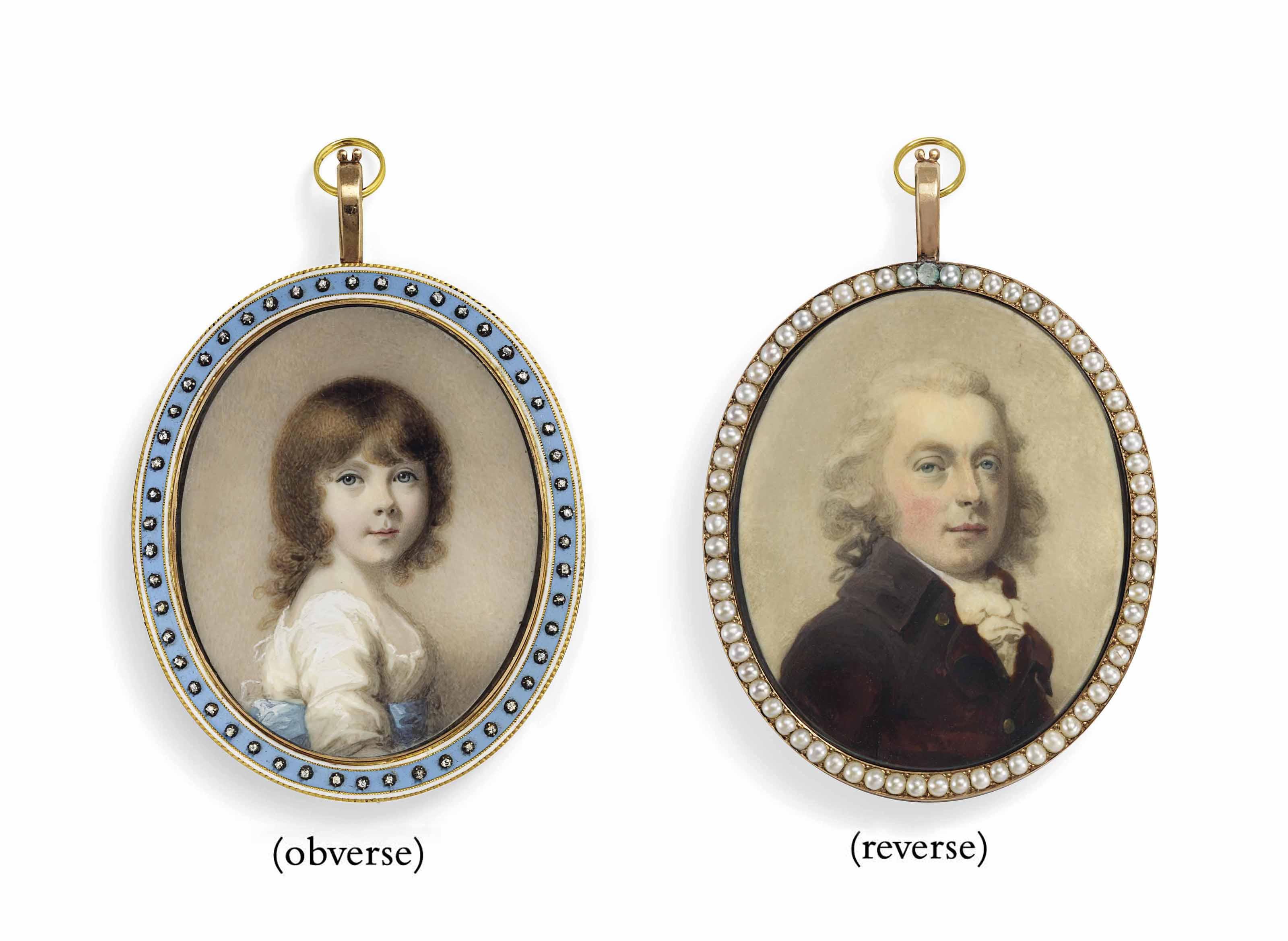 Abraham Daniel - A Double-Sided Miniature Of Sarah Bayly As A Child And Her Father Zachary; She In White Dress With Blue Sash, And He In Brown Coat With Gold Buttons, White Shirt And Tied Cravat, Powdered Hair