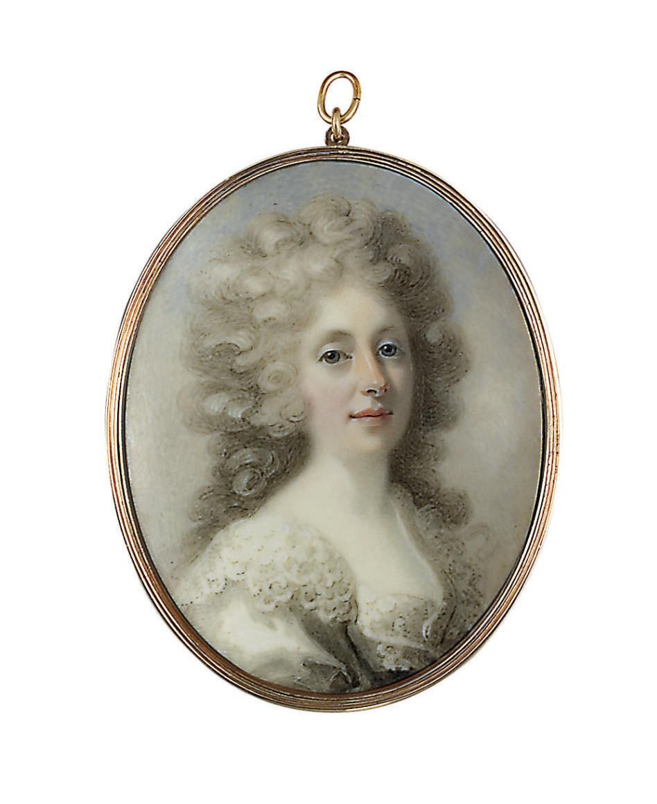 Abraham Daniel - A young lady, in light grey dress with wide lace collar, curling powdered hair; sky background