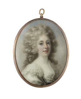 Abraham Daniel - A young lady, in light grey dress with wide lace collar, curling powdered hair; sky background