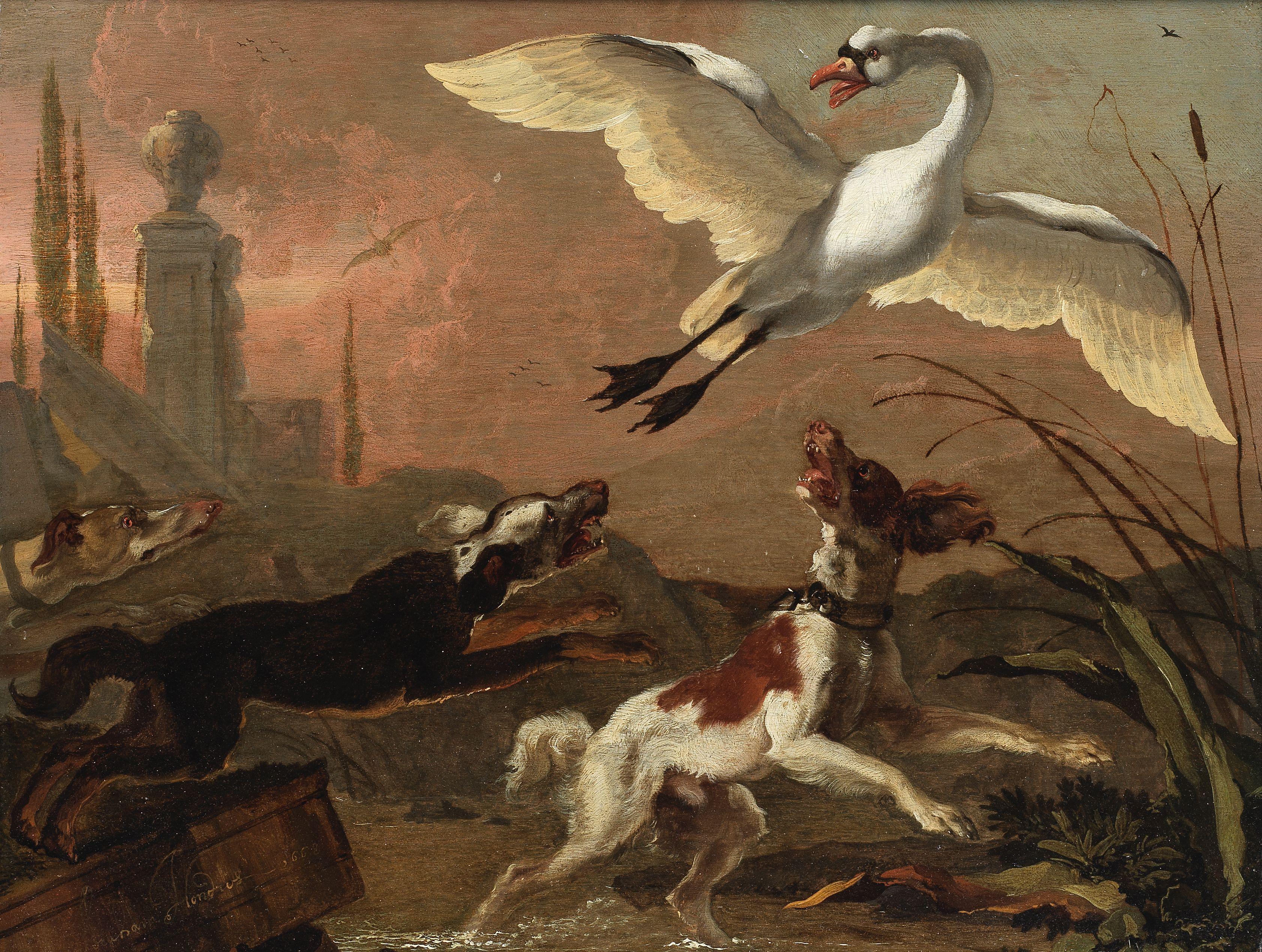 Abraham Danielsz. Hondius - A swan chased by three dogs