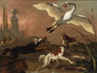 Abraham Danielsz. Hondius - A swan chased by three dogs