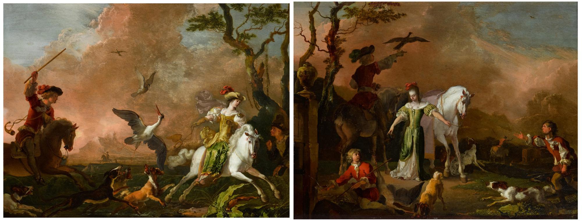 Abraham Danielsz. Hondius - An Elegant Party Hunting Heron; And An Elegant Hawking Party At Rest